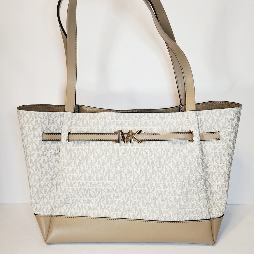 NEW Michael Kors Reed Karge Belted Satchel Tote In Vanilla And Camel NWT